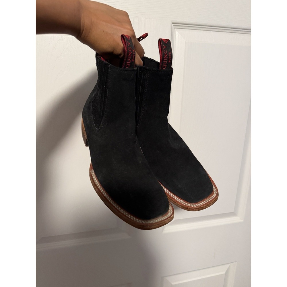 Quincy Mexico Men's Suede Western Cowboy Slip On Ankle Boots Black Leather 25.5